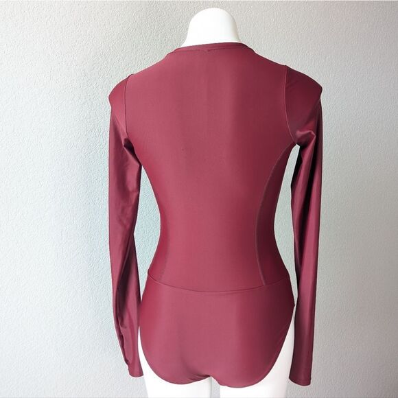 Maroon Patterned Long Sleeve Women's Swim Suit - Picture 4 of 9